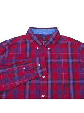 Chaps Mens Red Plaid Long Sleeve Button-Down Shirt M Easy Care Cotton Blend